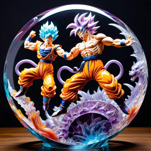 Prompt: A detailed and vibrant transparent glass sculpture of goku fighting frieza from dragon ball z, intricate details, surreal, colorful background