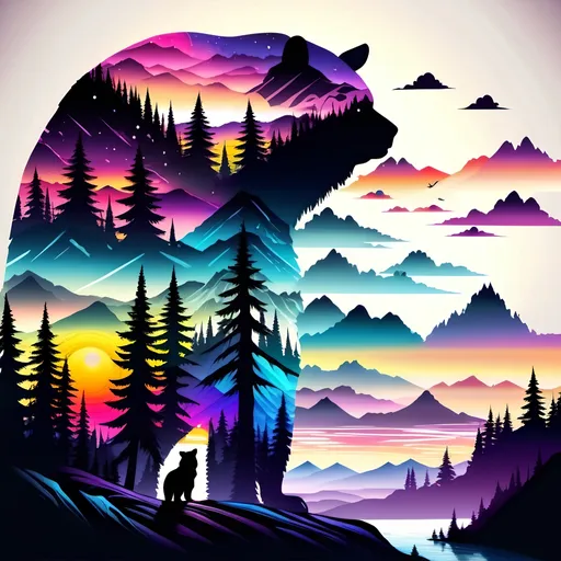 Prompt: bear silhouette with captivating landscape inside, scenic beauty, sunset lighting, surreal art, vibrant and colorful, detailed drawing, high quality, vivid and dreamy, landscape within silhouette, breathtaking, professional illustration, detailed scenery, surreal, vibrant colors, artistic, serene, best quality, detailed, sunset lighting