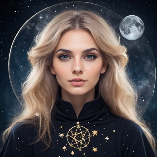 Prompt: astrological female , outer space , beautiful faced witch 
