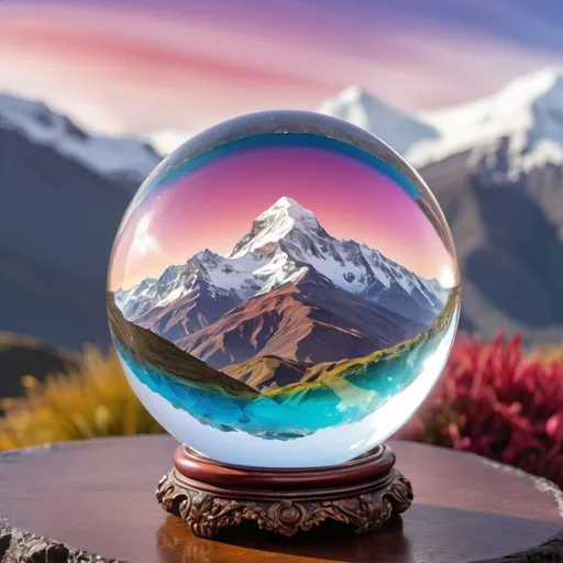 Prompt: A detailed and vibrant transparent  crystal ball with The Crown of the Andes intricate details, surreal, colorful background