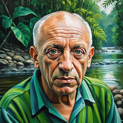 Prompt: Realistic painting of Pablo Picasso by a river in the Amazon forest, vibrant oil painting, lush green surroundings, detailed facial features, focused expression, flowing river, vibrant color palette, high quality, realistic, oil painting, lush green, detailed facial features, focused expression, flowing river, vibrant colors, professional lighting