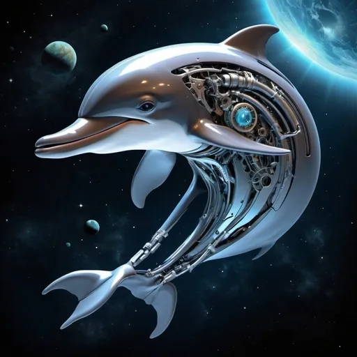 Prompt: biomechanical dolphin in outer space
