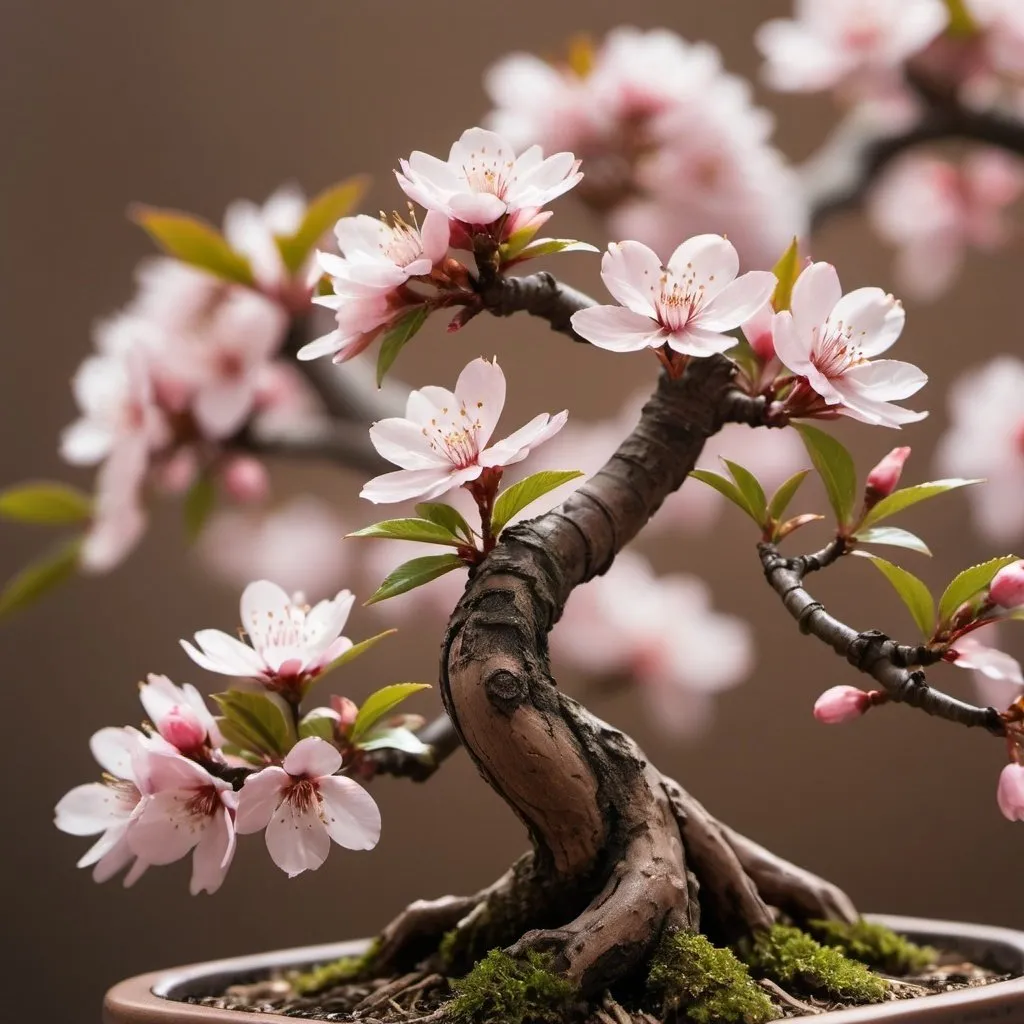 Prompt: Detailed macro photograph of a bonsai tree, intricate texture, focus on fine details, high quality, macro lens, product photography, natural tones, detailed leaves and bark, closeup shot, professional lighting, best quality,with cherry blossom back ground