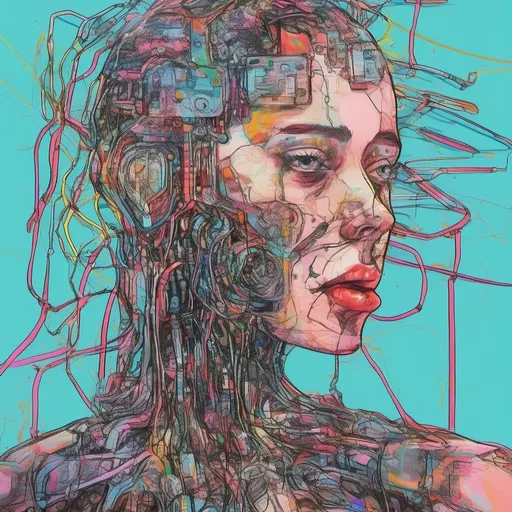 Prompt: full body of european woman cyborg, upper body, head, eccentric, flashy, digitalart, digitalphotographic, futuristic, glossy, caucasian, sleek, vivid colors, transhumanism, posthuman, based on beautiful woman, picture is taken from chest up, woman brain is being cyborgized, woman is watching front to, woman face has no stain and wreckles, woman has majestic look, woman head have a lot of circuits, colorful, robot eyes are open, mouth is closed, extremly nice figure, good-looking cyborg, robot portrait is taken with a narrowed exposure, robot head have a lot of cables and wires, robot head have intricate structure, various colors is being painted, neon, cyberpunk, shoot on a 50mm lens, background is simple, 16k, highly-detailed, super-high resolution, super realistic, super ultra high contrast, whitebalance is 5000, --ar 9:16 --stylize 1000