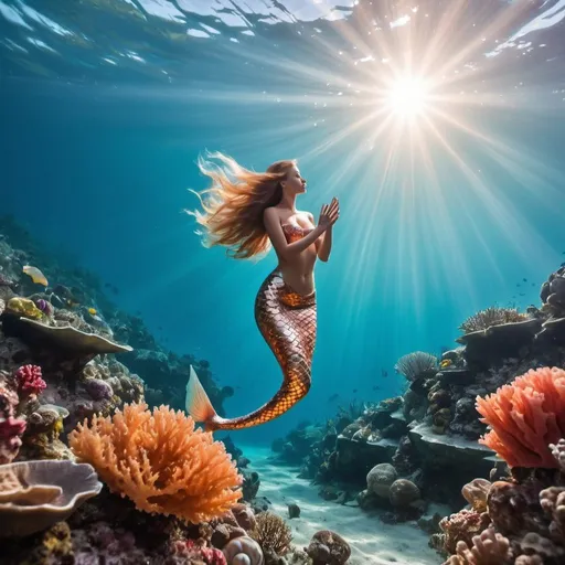 Prompt: beatiful underwater crystal clear ocean ,coral reef, beautiful mermaid , professional photography ,stunning shot , sun ray in water 
