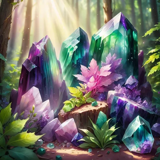 Prompt: rainbow fluorite Beautiful  in a vibrant forest, vibrant colors, detailed facets, sparkling in sunlight, high quality, realistic, nature, gemstone, vibrant forest, detailed facets, sparkling, sunlight, vibrant colors, high quality, realistic, atmospheric lighting