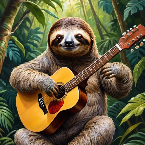 Prompt: Sloth playing a guitar with Artie Kornfeld, realistic oil painting, vibrant jungle background, detailed fur with warm reflections, peaceful and serene expression, 4k, ultra-detailed, realistic, jungle, vibrant colors, detailed fur, peaceful, serene, professional, warm lighting