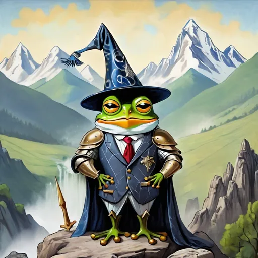 Prompt: Frog wearing a wizard hat, Picasso style,with a owl in a suit of armor looking over a mountain range ready for battle