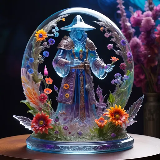 Prompt: A detailed and vibrant transparent glass sculpture of a world of war craft mage with flowers, intricate details, surreal, colorful background