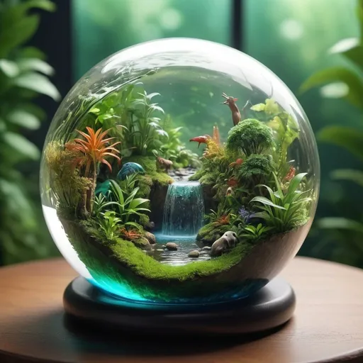 Prompt: Complete ecosystem inside a glass ball, realistic glass material, lush green vegetation, flowing waterfalls, miniature animals, diverse plant species, high quality, realistic, detailed, realistic lighting, vibrant colors