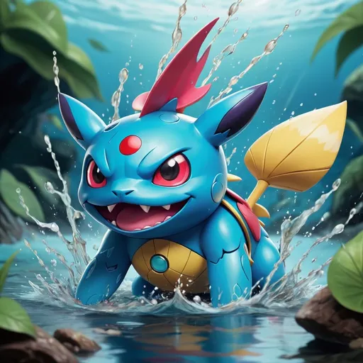 Prompt: water pokemon, mean, vibrant illustration, warrior and whimsical, high quality