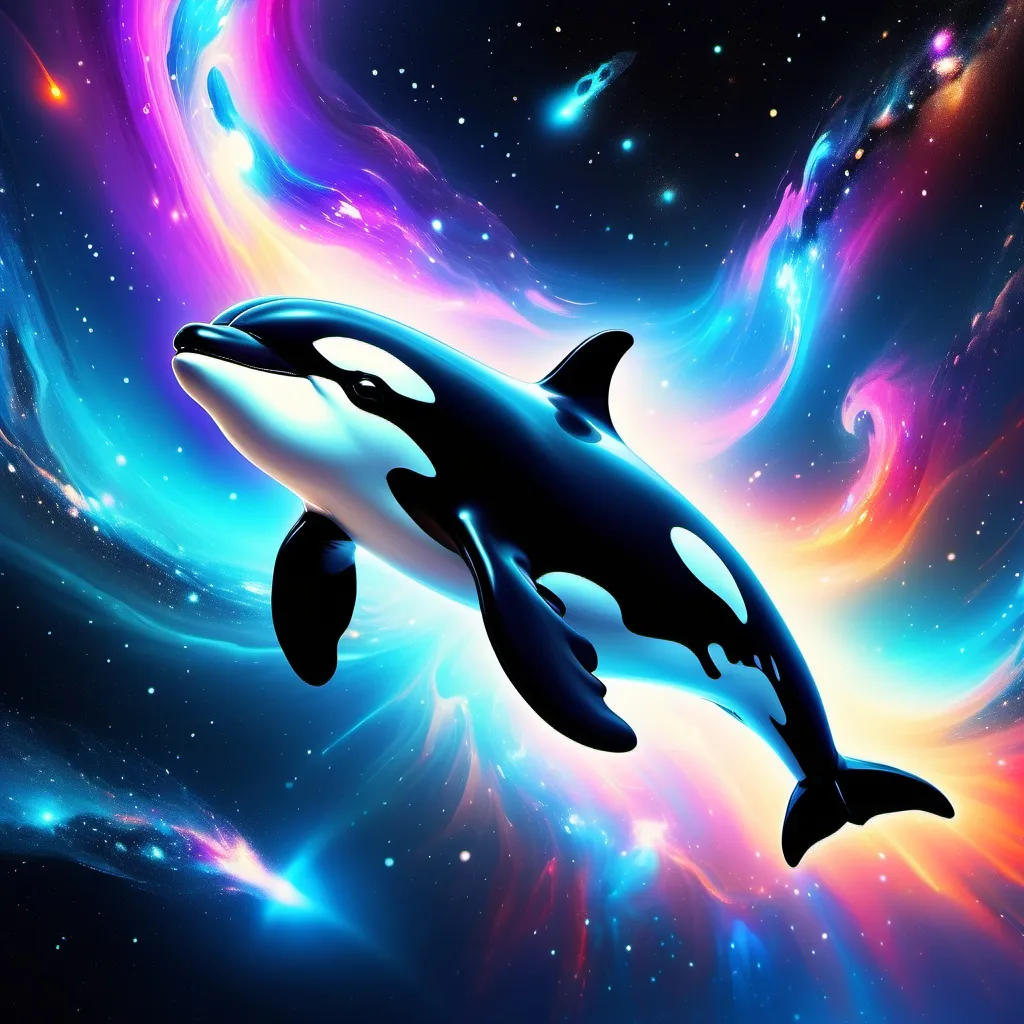 Prompt: flying orca in space towing a space ship