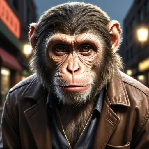 Prompt: Photorealistic depiction of a monkey as a drug dealer, realistic fur texture, detailed facial expressions, city street setting, dim street lighting, high quality, photorealism, urban, detailed fur, intense gaze, professional lighting, street setting, drug dealer, realistic