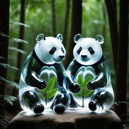 Prompt: transparent glass sculpture of two pandas in the forest 