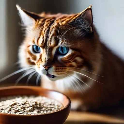 Prompt: give me an image of a realistic looking cat that is burping loudly and out of its mouth is coming oats and it's holding a bowl of oatmeal
