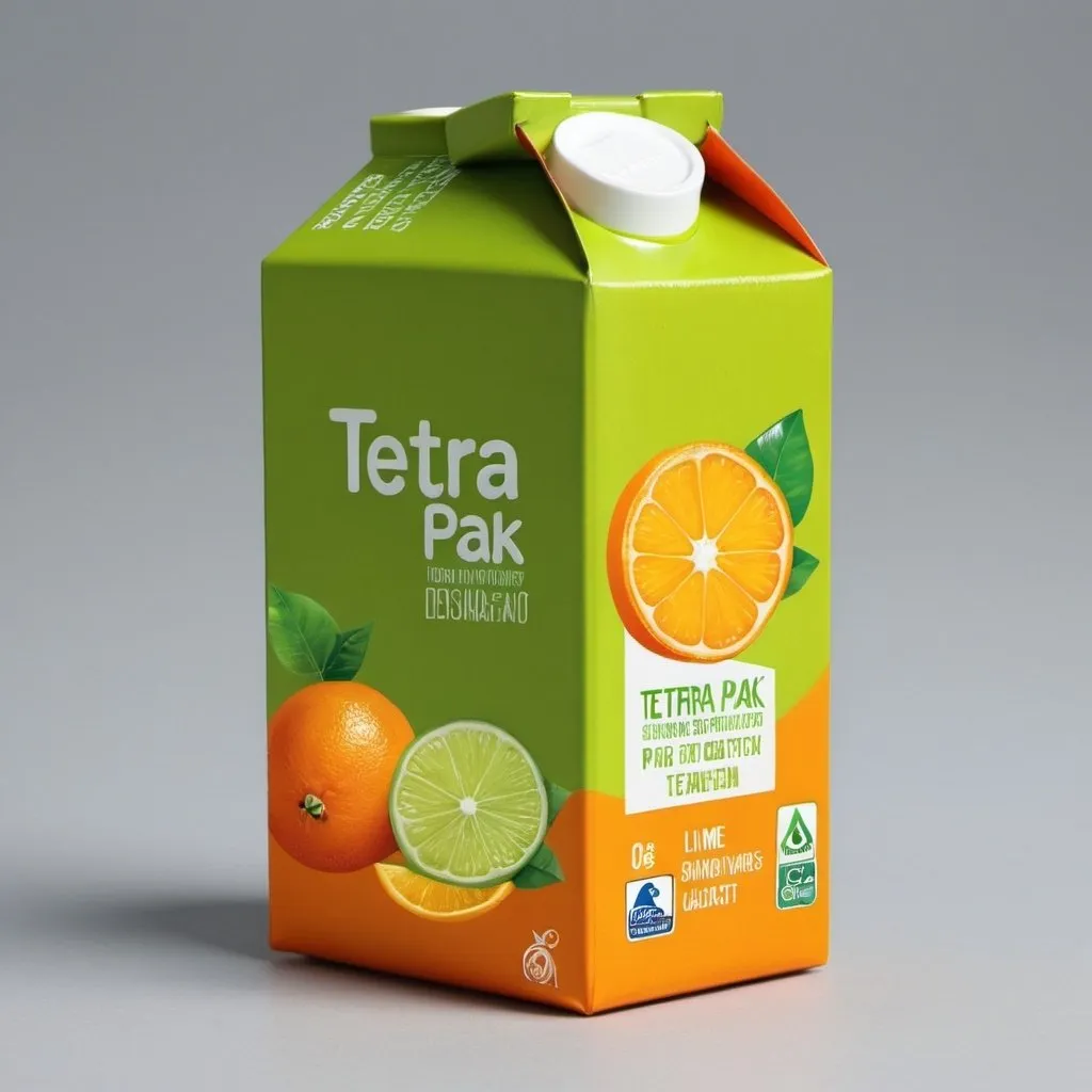 Prompt: Design a Tetra Pak using lime green, orange and yellow
