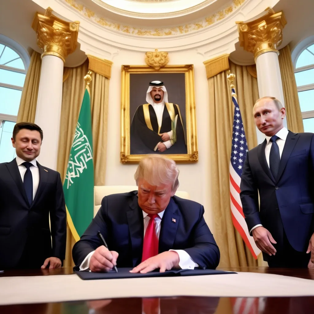 Prompt: American president Donald Trump, Ukraine President Zelenksy, President Vladimir Putin and the king of Saudi Arabia together, signing a peace deal, Saudi backdrop, symbolism of unity and hope, intense expressions, formal suits, global tension relief, ornate architecture, historical significance, dramatic lighting casting shadows, HD, high quality, capturing a moment of diplomacy, rich colors evoking seriousness, atmosphere of anticipation and resolution. Only use each individual once, no doubles.