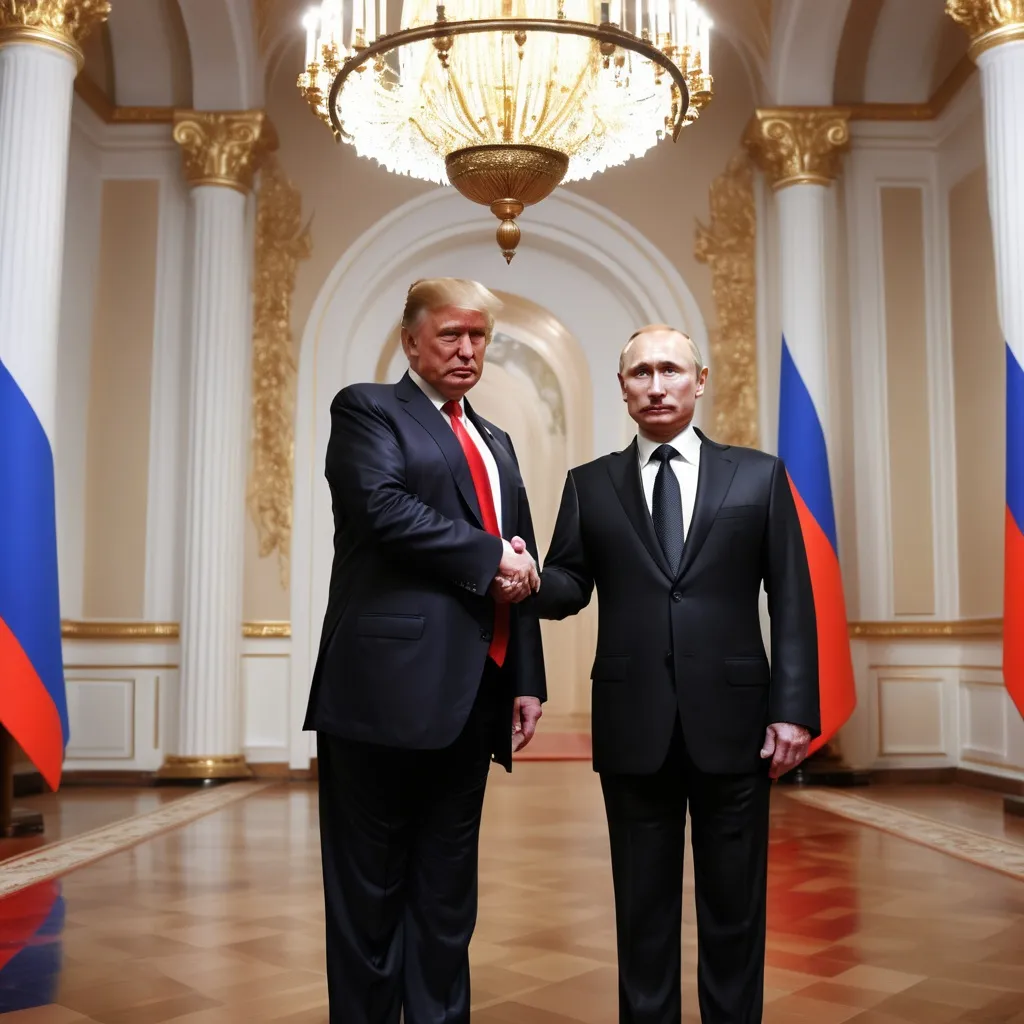 Prompt: Donald Trump and Vladimir Putin together, signing a peace deal, Kremlin backdrop, symbolism of unity and hope, intense expressions, formal suits, global tension relief, ornate architecture, historical significance, dramatic lighting casting shadows, HD, high quality, capturing a moment of diplomacy, rich colors evoking seriousness, atmosphere of anticipation and resolution.