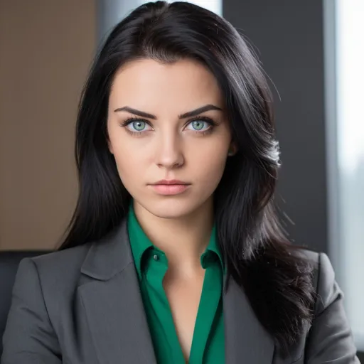 Prompt:  Green-eyed, black-haired, tough-tempered young womam CEO, boss
