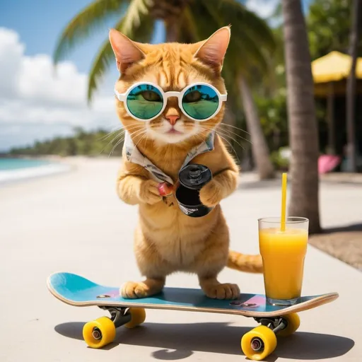 Prompt: A yellow cat wearing circular shades while standing up on a skateboard with a tropical beach in the background sipping some juice, shot in a cinematic angle.
