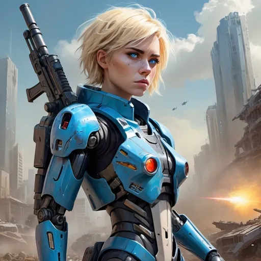 Prompt: In the future, an android with a human and mechanical exoskeleton holds a laser rifle while looking into the distant battle-torn city. This digital painting captures the essence of a battle scene, created with intricate digital brush strokes. The woman is petite, wearing battle gear. She has short blonde hair blowing in the wind. Her eyes are bright blue. She bears a scar over her right eye.