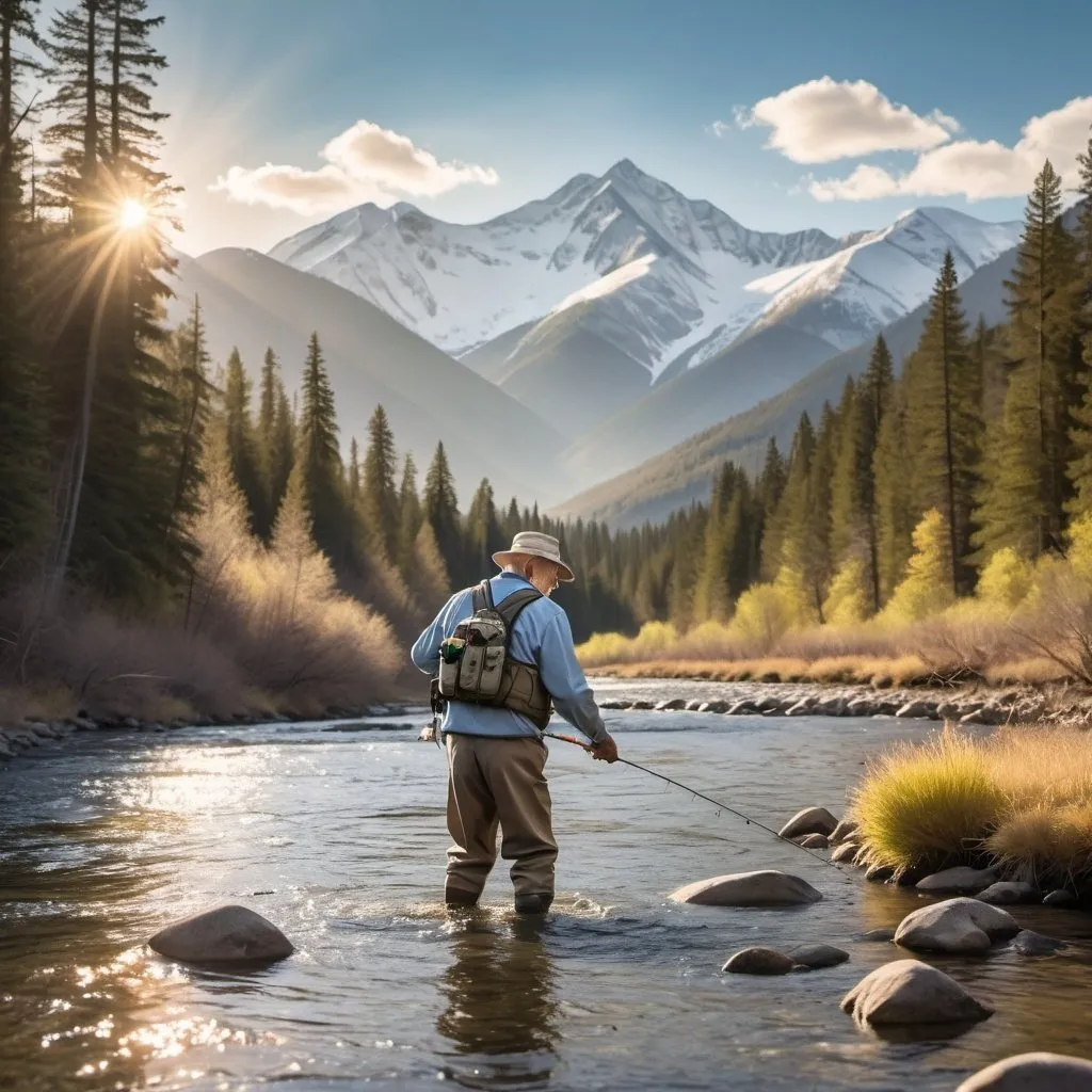 Prompt: old man wearing fishing clothing is fly fishing in a wide stream that runs through the woods. Many bugs are flying around. The water is running swiftly. There are snow-capped mountains in the background.  The sky is bright blue with soft white clouds. The sun is setting behind the mountains.