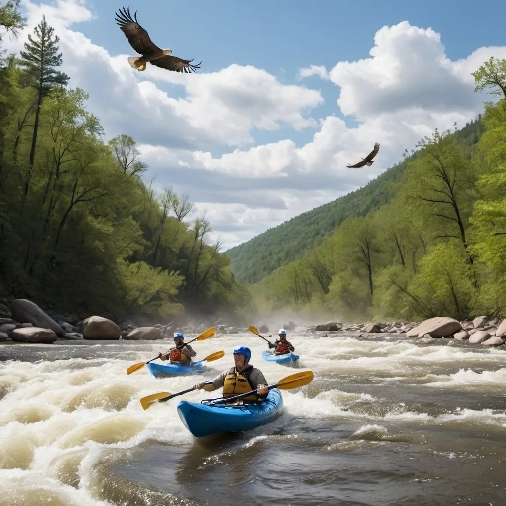 Prompt: 2 men are in kayaks wearing helmets and life preservers. They are riding on a wide whitewater river and paddling between large boulders.  The river is raging. The background is a dense forest with deer. An eagle is flying overhead. The sky is deep blue with white clouds.