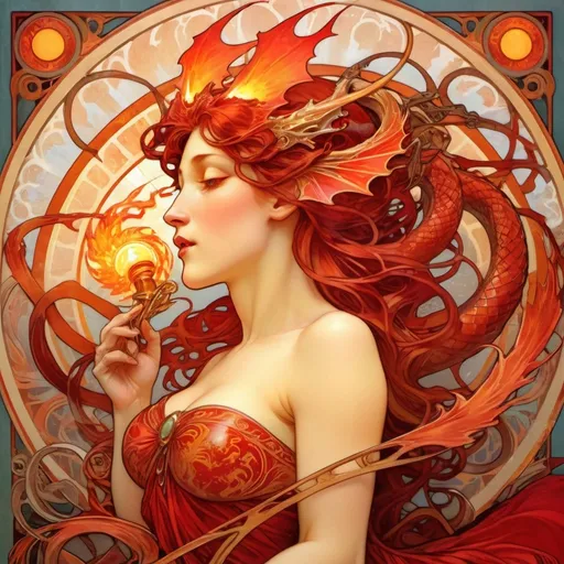 Prompt: Alphonse Mucha Style, art nouveau style, red dragon breathing fire on a solar panel. Wind swirling from the force of the dragon breath. 