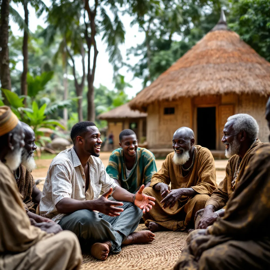Prompt: a young man seated in a big compound with a compound having tall trees and green sorrounding. talking with elders in the midst of an elders circle of elders of luhya ethnicity from Kenya. during a community event with an african traditional hut in the background