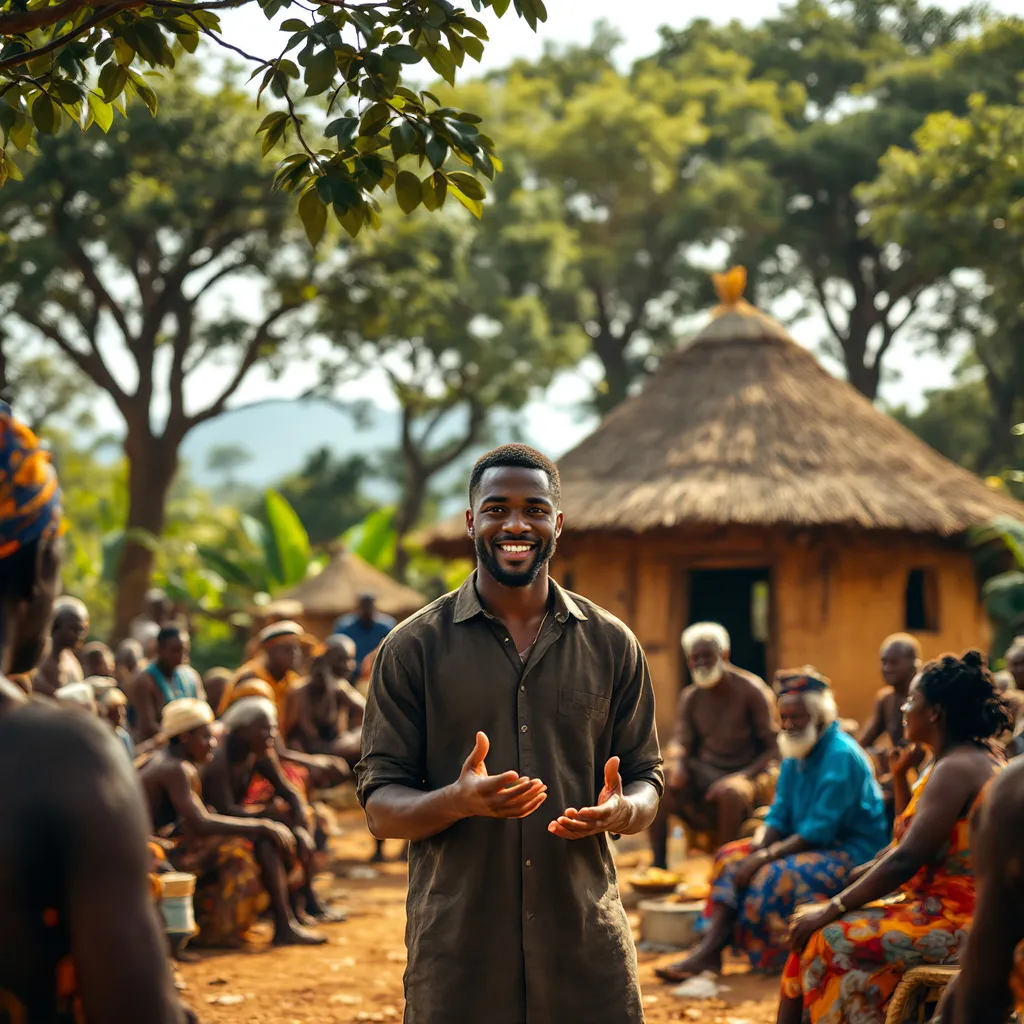 Prompt: a young black man standing in a big compound with a compound having tall trees and green sorrounding. talking with elders, explaining with hands gestures while standing in the midst of an elders circle of elders of luhya ethnicity from Kenya. during a community event with an african traditional hut in the background