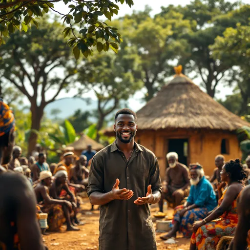 Prompt: a young black man standing in a big compound with a compound having tall trees and green sorrounding. talking with elders, explaining with hands gestures while standing in the midst of an elders circle of elders of luhya ethnicity from Kenya. during a community event with an african traditional hut in the background