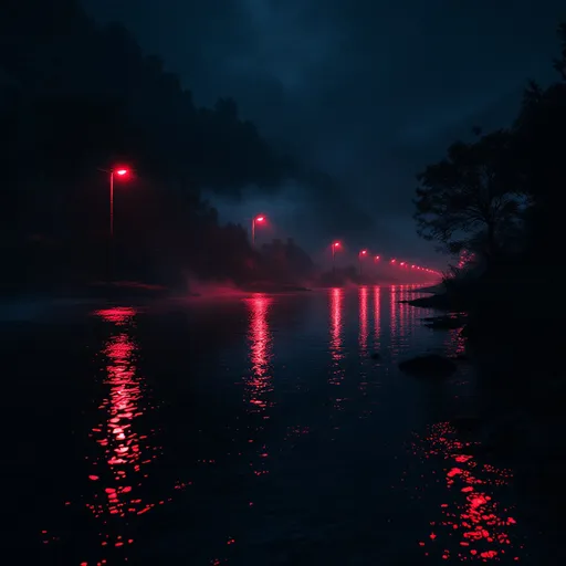 Prompt: reflected red light on river, night scene, shimmering water, glowing reflections, dark surroundings, serene ambiance, subtle movement, captivating atmosphere, deep shadows, high contrast, tranquil landscape, enchanting visual, ultra-detailed, 4K quality, cinematic depth, dreamlike quality, evocative mood, mysterious vibe, calm water surface, warm reddish hues illuminating the riverbanks.