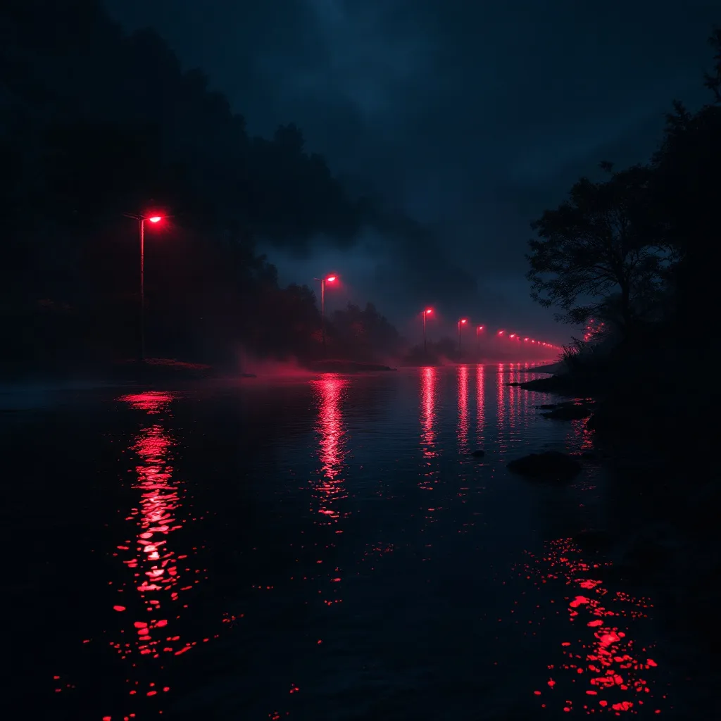 Prompt: reflected red light on river, night scene, shimmering water, glowing reflections, dark surroundings, serene ambiance, subtle movement, captivating atmosphere, deep shadows, high contrast, tranquil landscape, enchanting visual, ultra-detailed, 4K quality, cinematic depth, dreamlike quality, evocative mood, mysterious vibe, calm water surface, warm reddish hues illuminating the riverbanks.
