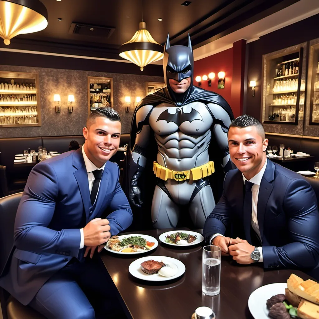 Prompt: Batman with ronaldo in fantastic restaurant 