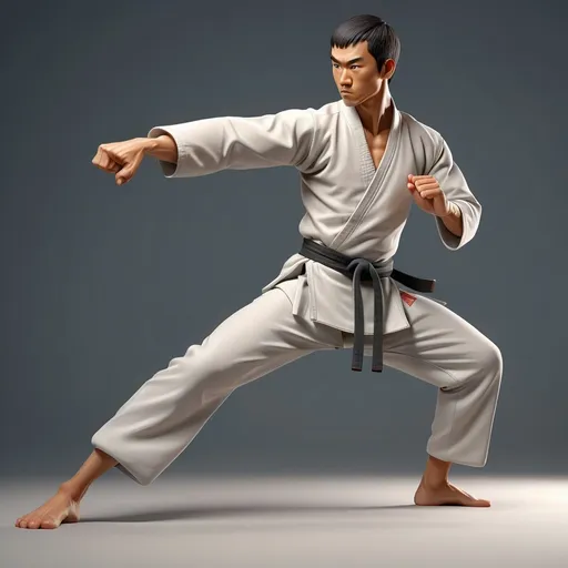 Prompt: (3D) A posing martial artist, (flat shading) capturing dynamic energy, (minimalist) design style with clean lines, full body view showcasing impressive posture and technique, serene background emphasizing focus, (high quality) ultra-detailed, ready for artistic interpretation, balanced composition highlighting the martial artist's strength and poise amid a calm atmosphere.