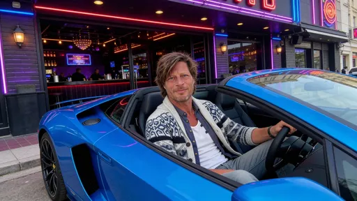 Prompt: The man is dressed trendy, he is outside a nightclub, sitting in a blue sports car