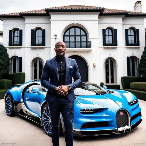 Prompt: A multibillionaire 39 years old black standing in front of a blue Bugatti Centodieci and in front of a luxurious mension