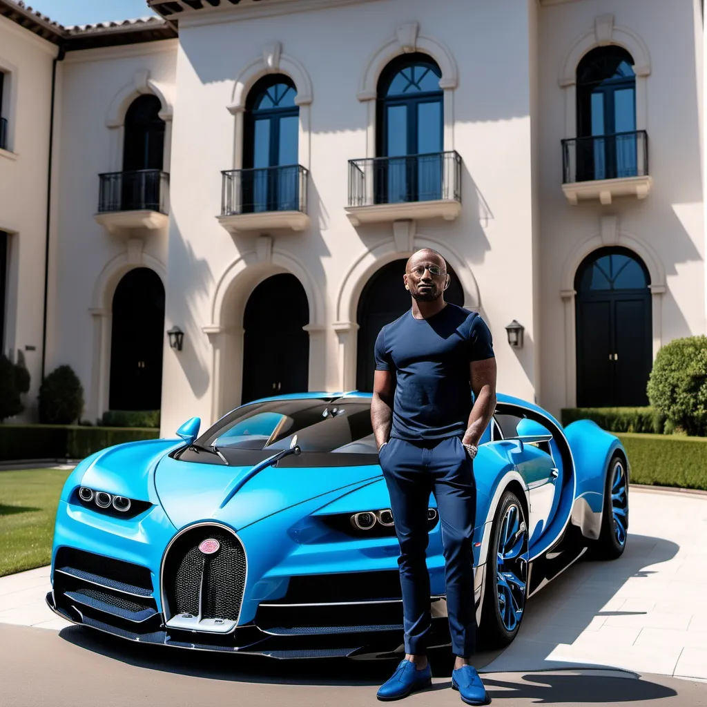 Prompt: A multibillionaire 39 years old black standing in front of a blue Bugatti Centodieci and in front of a luxurious mension