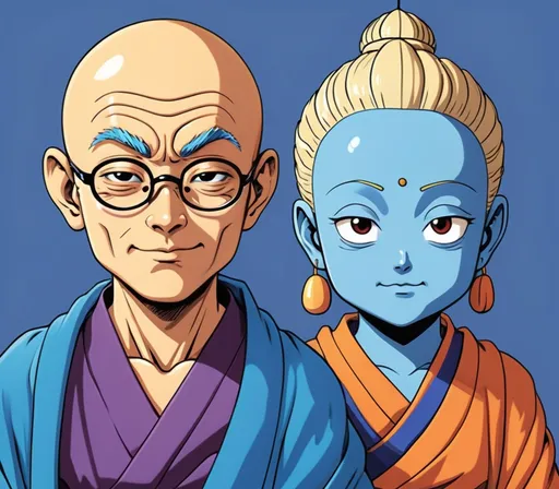 Prompt: (Akira Toriyama style) illustration of Zeno and Rymus' parents, , cartoonish aesthetic, (kind and nice looking) expressions, playful demeanor, bright and vibrant colors, minimalistic design with no nose and ears, blue skin and no hair. Kind like a buddha