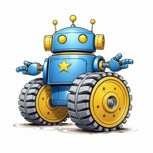 Prompt: blue robot on tank track wheels, yellow Star on white background drawing
