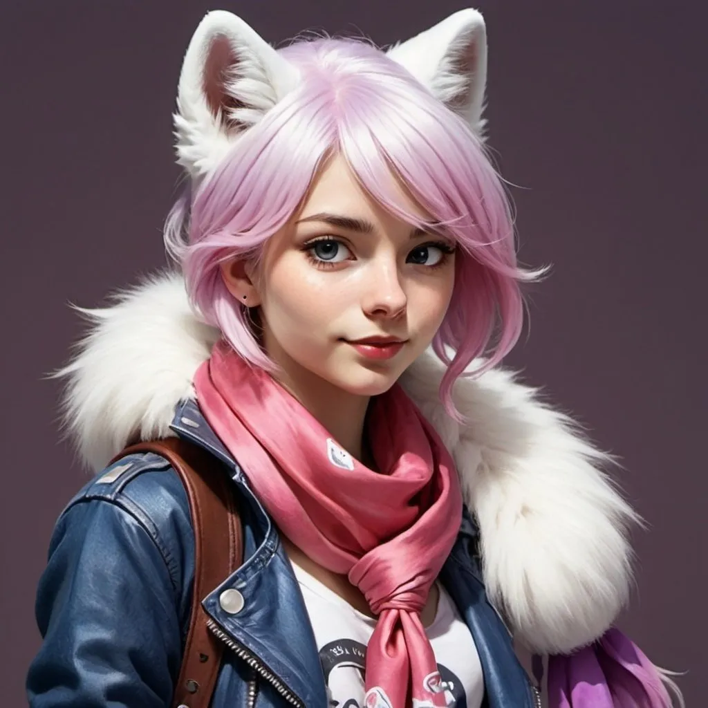 Prompt: 20-year-old cartoon white anthropomorphic arctic fox girl with a large fluffy white tail with a blue silk bandana tied around it, white fur, and very thick and straight long pink hair with purple highlights tied back in a ponytail with bangs covering her forehead wearing jeans, a brown leather jacket, and long red silk scarf loosely wrapped around her shoulders, and a red baseball cap 