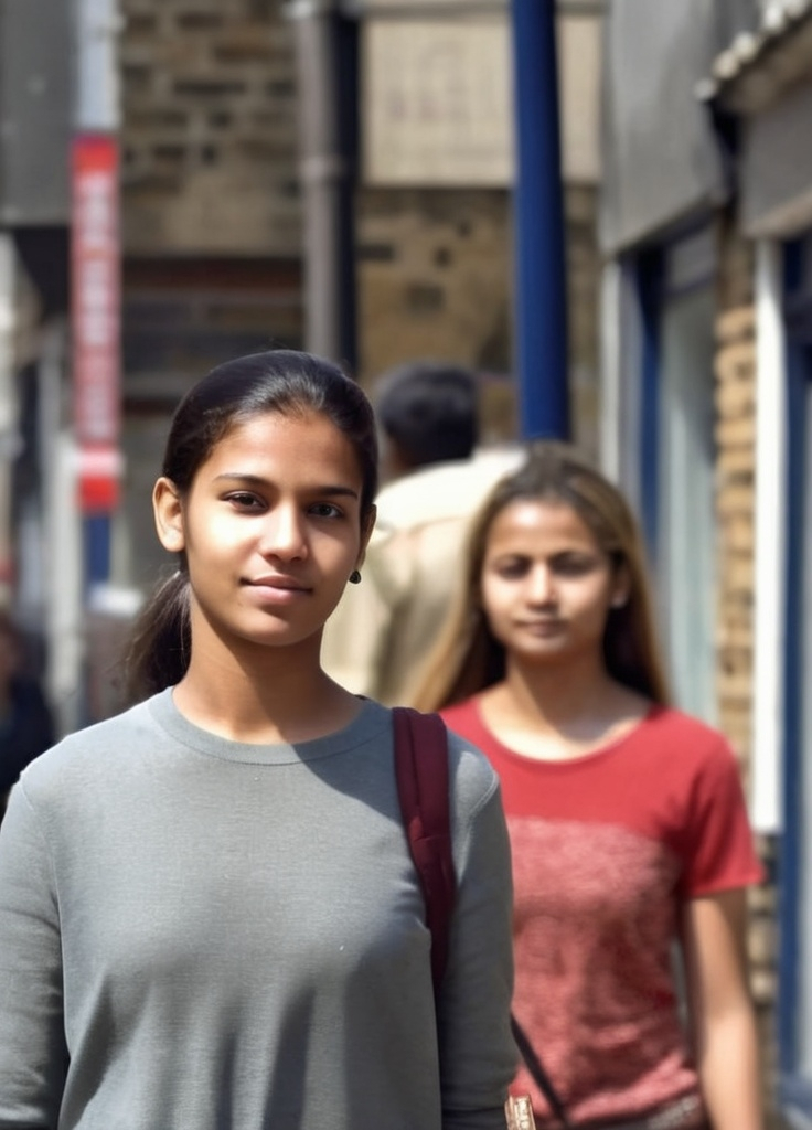 Prompt: Tall young woman walking down the high street, detailed clothing, realistic, natural lighting