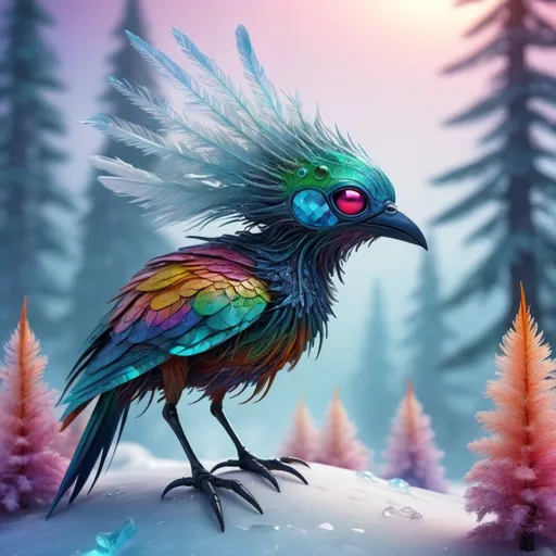 Prompt: (a brightly colored alien bird with thin scales for feathers), vibrant hues, frigid icy landscape background, various pine tree vegetation, cold ambiance, whimsical mood, high detail, ultra-detailed, 4K.