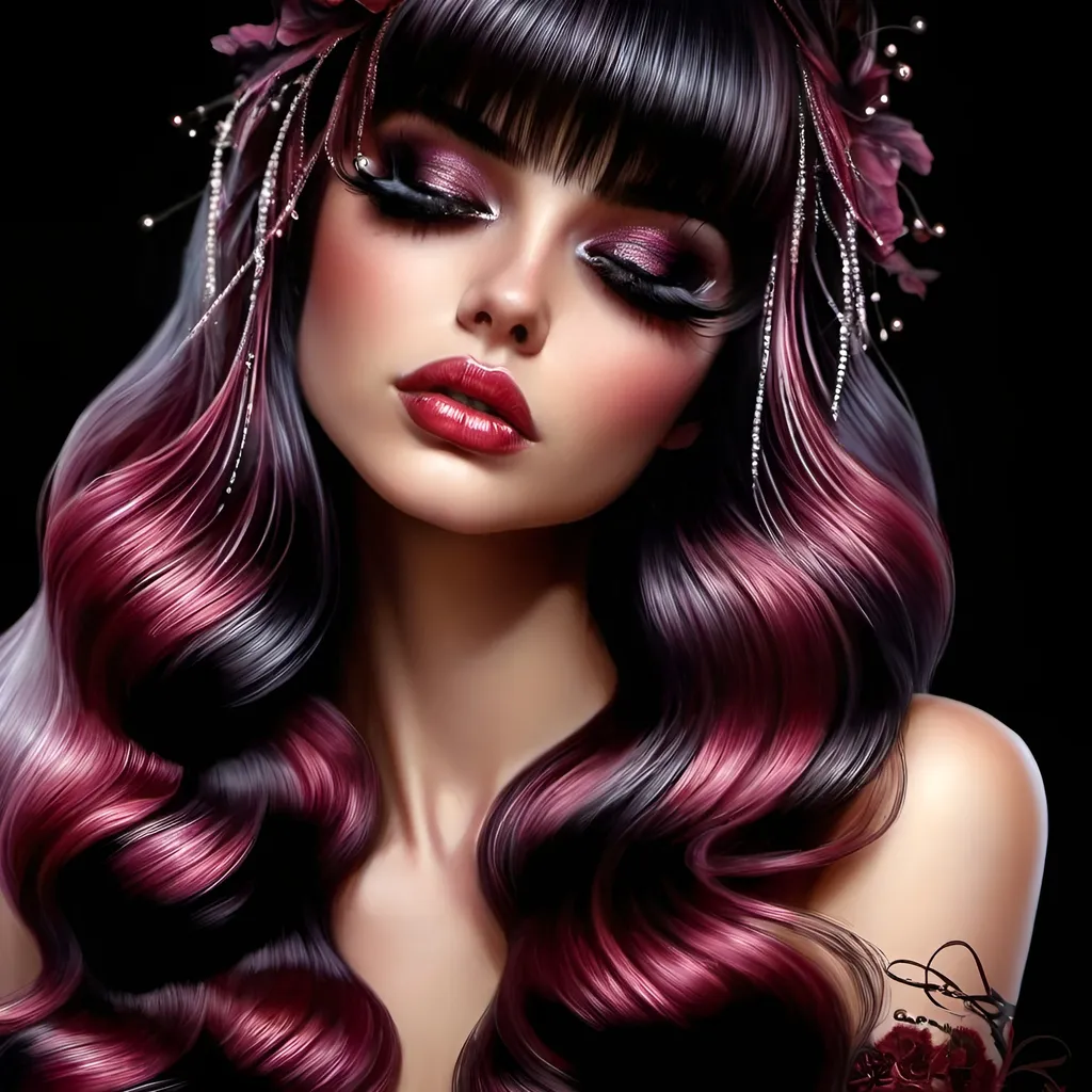 Prompt: a woman with long hair and a tiara on her head is wearing a red and black dress and a flower in her hair, Anne Stokes, gothic art, highly detailed digital painting, a photorealistic painting