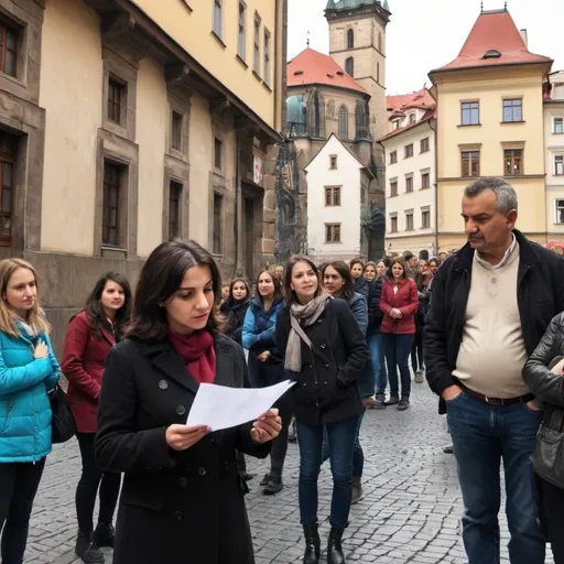 Prompt: ghidul este tanar brunet,cu par ondulat.explica unui grup de 12 femei intre 2 varste istoria ceasului din praga.gesticulează,personalitatea sa transcede imaginea. femeile il ascultă  zambind.este asfintit și lumina e blândă