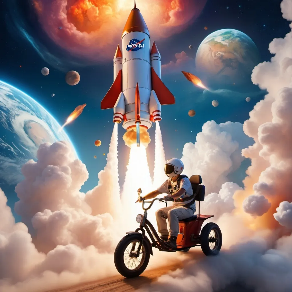 Prompt: A guy wearing a nasa t-shirt exiting the earths atmosphere whilst travelling on a tricycle which is propelled by a giant rocket 