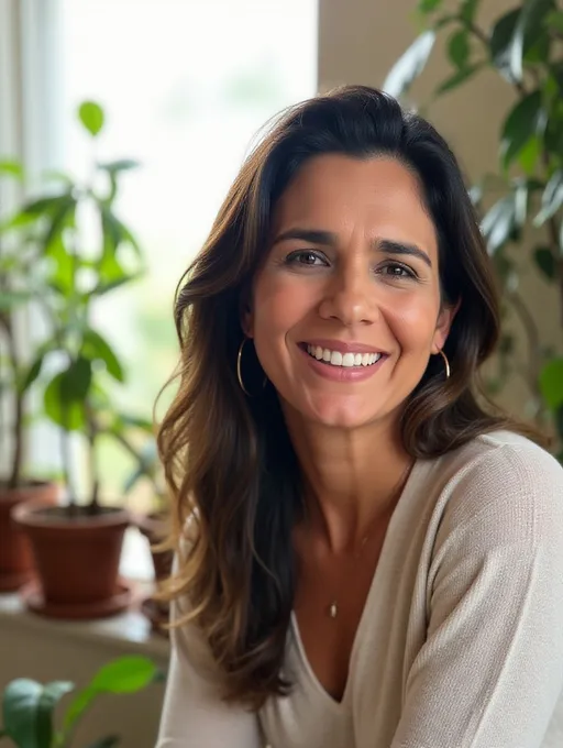 Prompt: A close-up shot of @yta5IQuIdIAGAi9K22jD, who is smiling warmly at the camera. Her hair cascades in soft waves, framing her face beautifully. The background is softly blurred, highlighting her joyful expression. Natural light filters in from the side, casting a gentle glow on her features, accentuating the sparkle in her eyes. The setting is a cozy, sunlit room adorned with potted plants, creating a serene and inviting atmosphere.