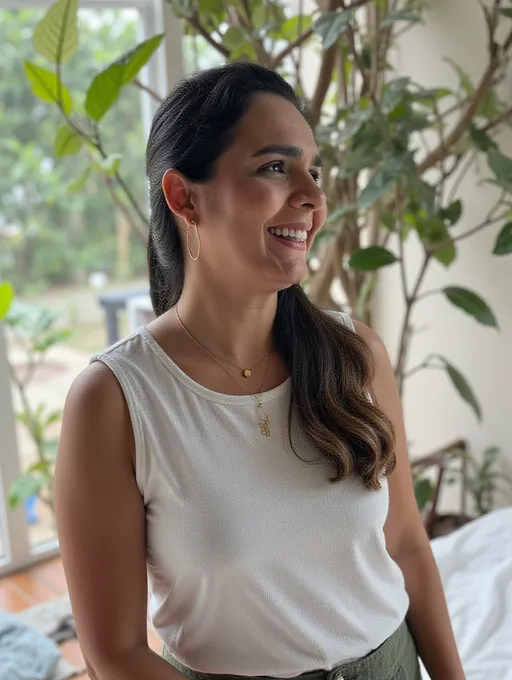 Prompt: A close-up shot of @yta5IQuIdIAGAi9K22jD, who is smiling warmly at the camera. Her hair cascades in soft waves, framing her face beautifully. The background is softly blurred, highlighting her joyful expression. Natural light filters in from the side, casting a gentle glow on her features, accentuating the sparkle in her eyes. The setting is a cozy, sunlit room adorned with potted plants, creating a serene and inviting atmosphere.