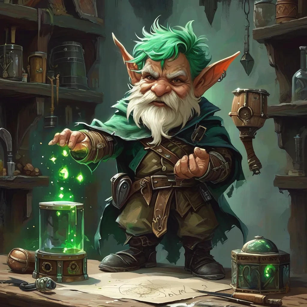 Prompt: dungeons and dragons fantasy art halfling male artificer with dark green hair workshop tinkerer