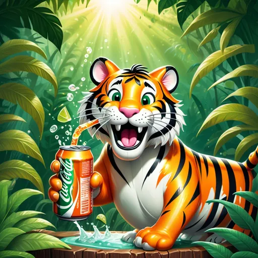 Prompt: (tiger drinking soda), (playful and humorous scene), vibrant colors, vivid details, lush green jungle background, sparkling soda can, refreshing splashes, high-quality illustration, dynamic composition, intriguing perspective, lighthearted atmosphere, playful wildlife interaction, tropical setting, ultra-detailed, bright sunlight filtering through leaves, whimsical vibe.